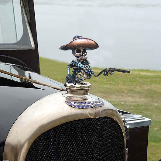 Cowboy Skull Gunslinger Hood Ornament Sculpture, Hot Rod