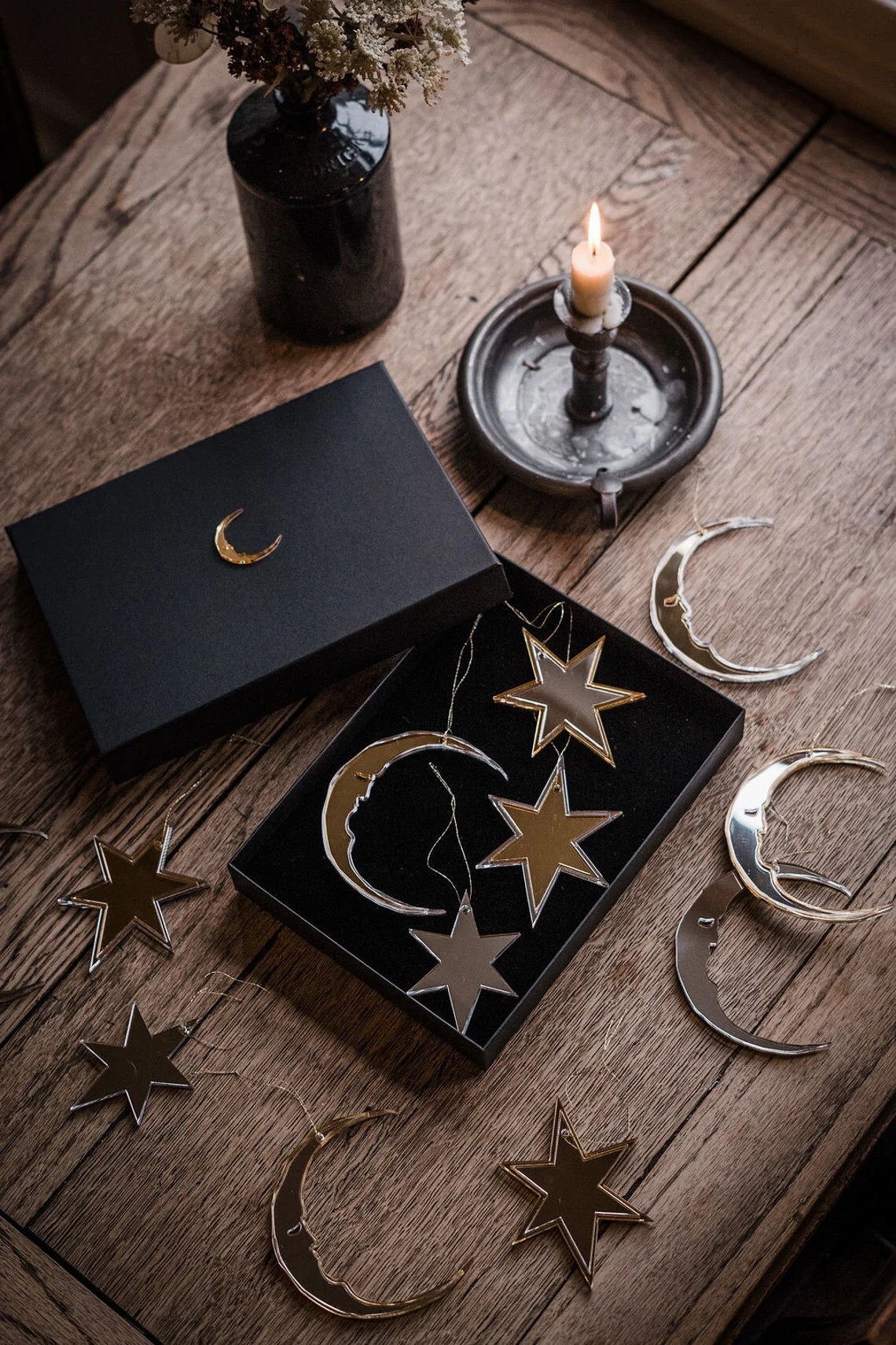 Crescent moon and star Christmas tree ornaments
