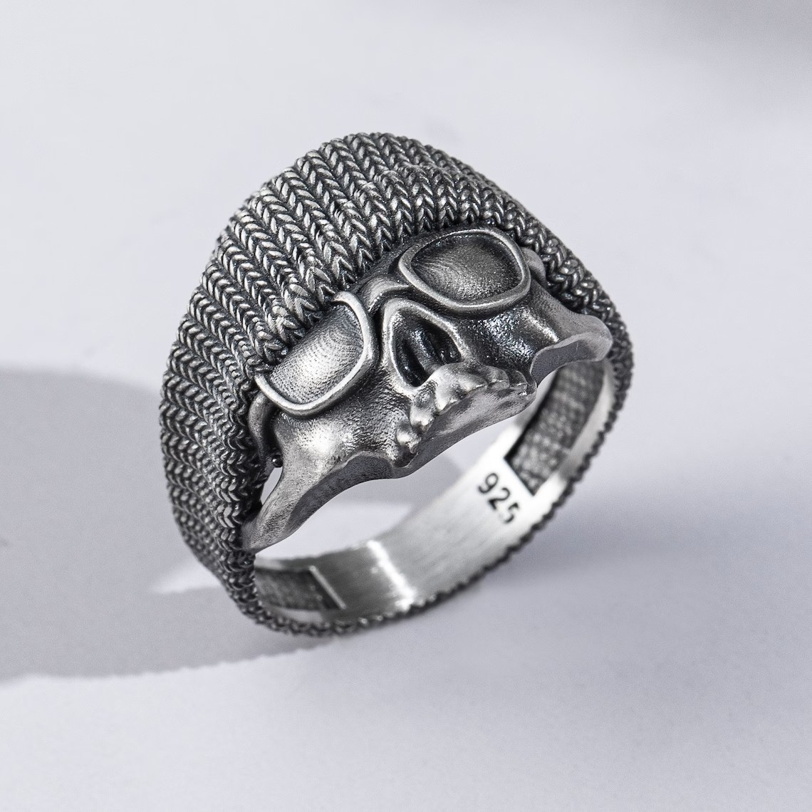 Cool Skull with Beanie Silver Biker Ring For Men, Fantasy Punk Gothic Ring to Husband, Engraved Pinky Ring, Silver Men Jewelry, Family Gift