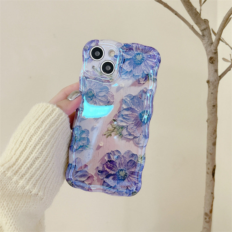 For iPhone Purple Flower Oil Painting Exquisite Phone Case