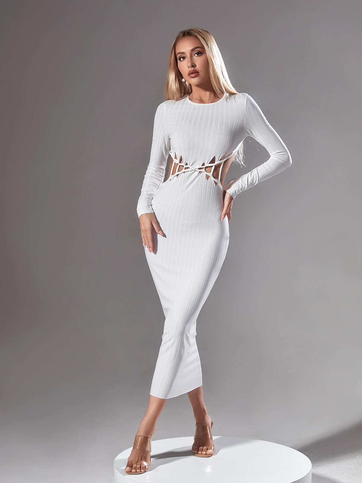 Luxury Long Sleeve Cutout Midi Dress In White