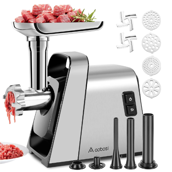 AAOBOSI Meat Grinder Electric 3000W Max with 2 Stainless Steel Blades & 4 Grinding Plates