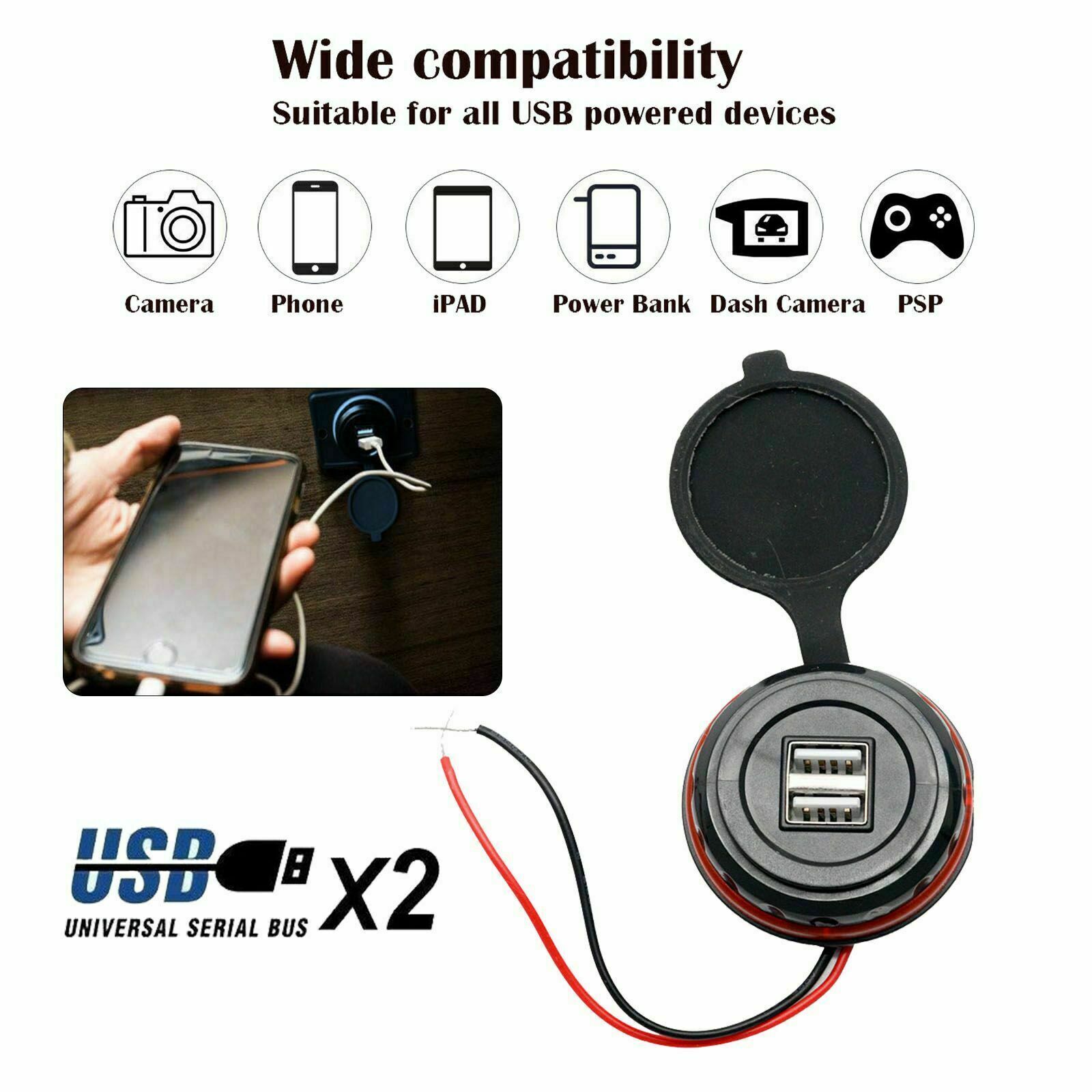 2 USB Port Adapter 12V Power Socket Charging Panel 3.1A Dual USB Car Charger