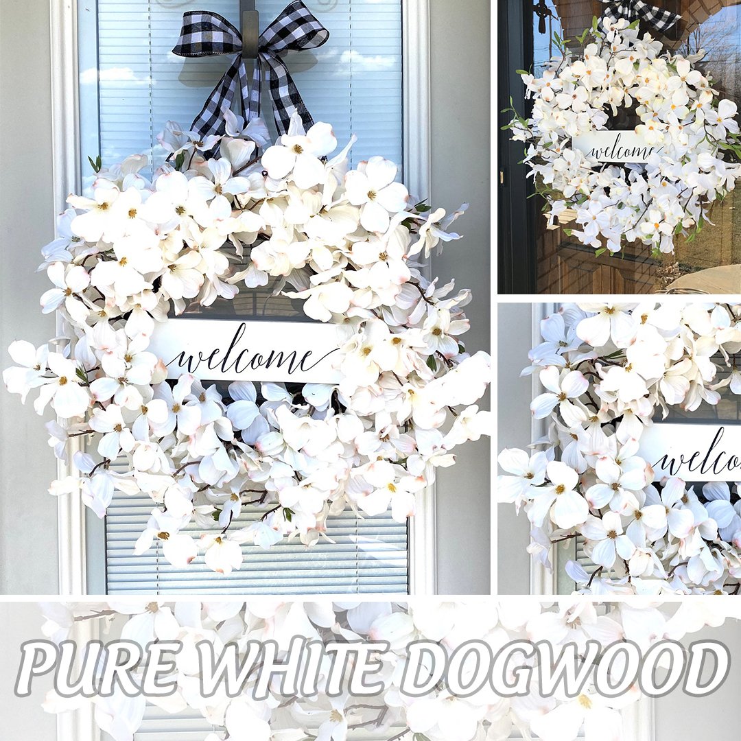 Buffalo Plaid & White Dogwood Spring wreaths with welcome sign