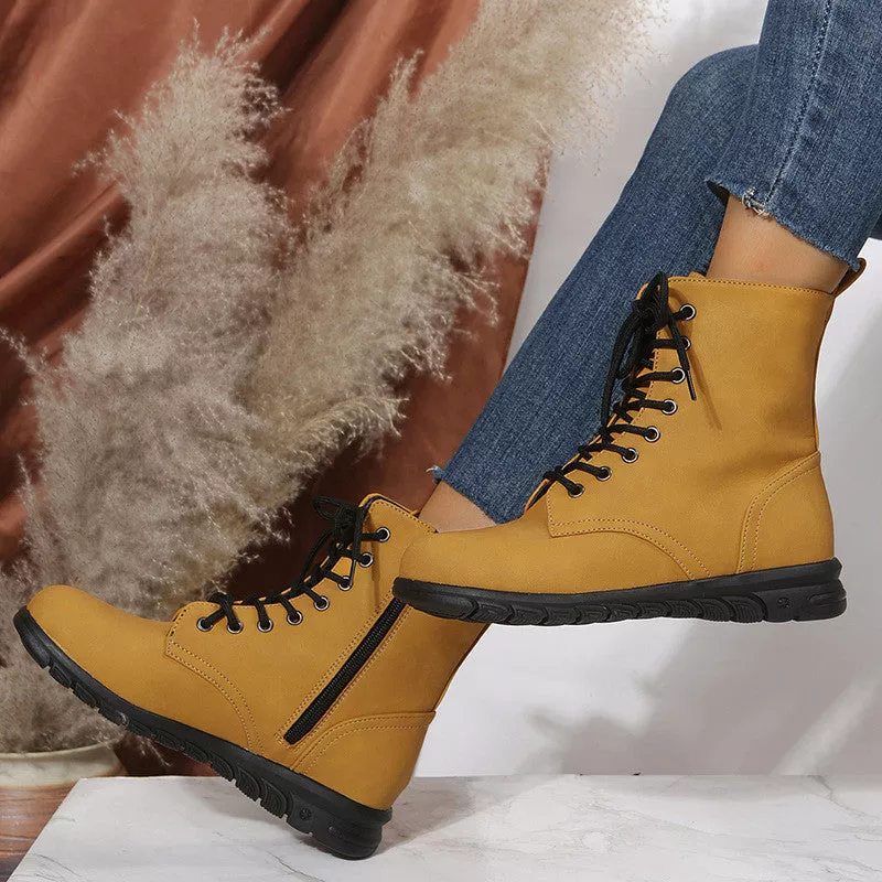 Women's solid color lace-up side zipper casual wedge boots
