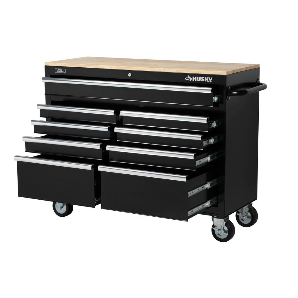 Husky 46 in. 9-Drawer Mobile Workbench with Solid Wood Top