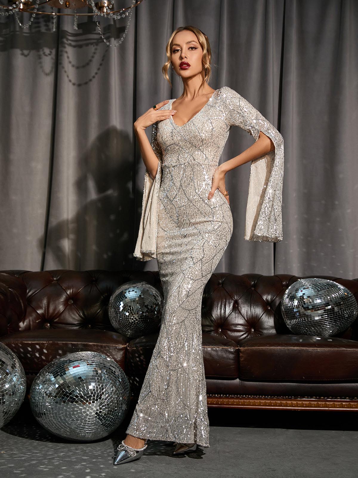 Hayley Long Sleeve Sequin Maxi Dress In Silver