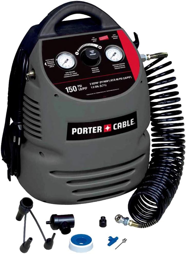 PORTER-CABLE Air Compressor Kit 1.5 Gallon Oil-Free Fully Shrouded Hand Carry 25-Feet Hose