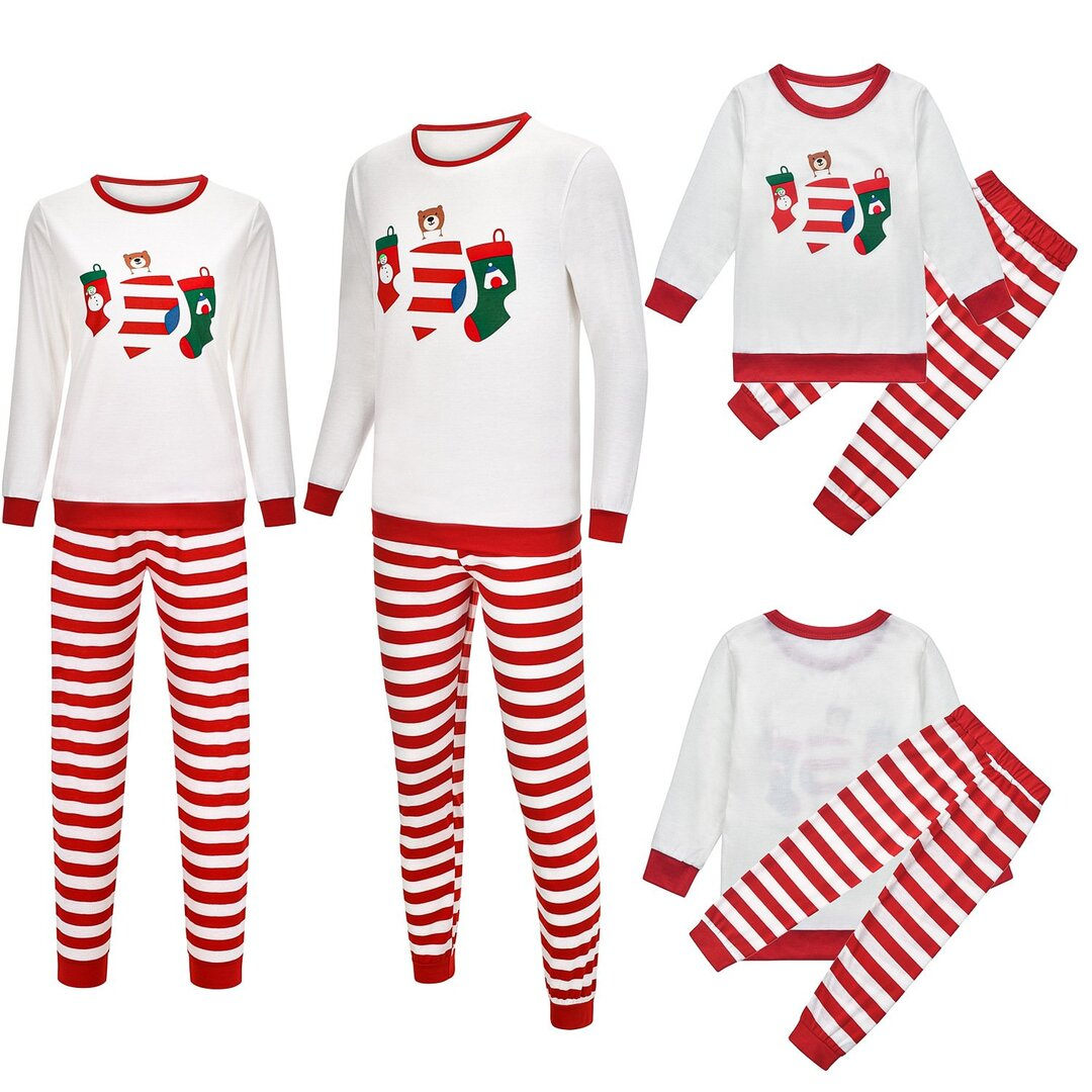 Christmas Sock Print Top and Striped Pants Family Matching Pajamas Set