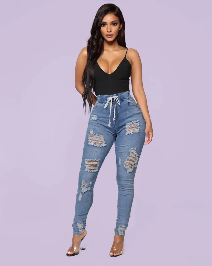 Plus Extreme Distressed Drawstring Waist Jeans - BUY 2 GET FREE SHIPPING