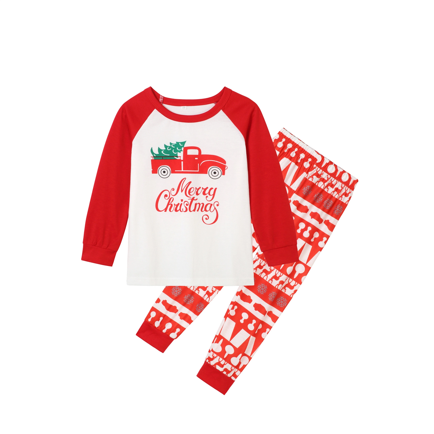 Red 'Merry Christmas' Printed With Christmas Tree Car Pattern Christmas Family Matching Long-sleeve Pajamas Sets