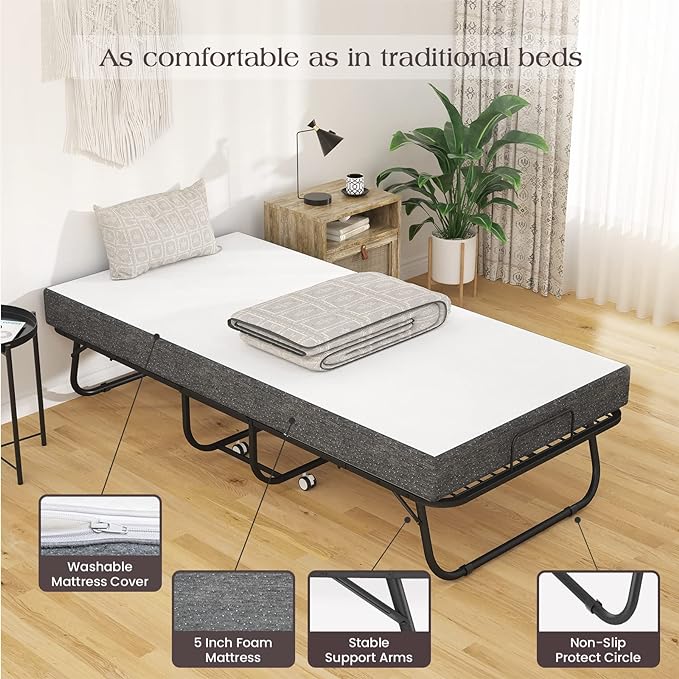 Karcog Rollaway Bed Folding Bed with Mattress for Adults Included Cot Size Extra Guest Bed