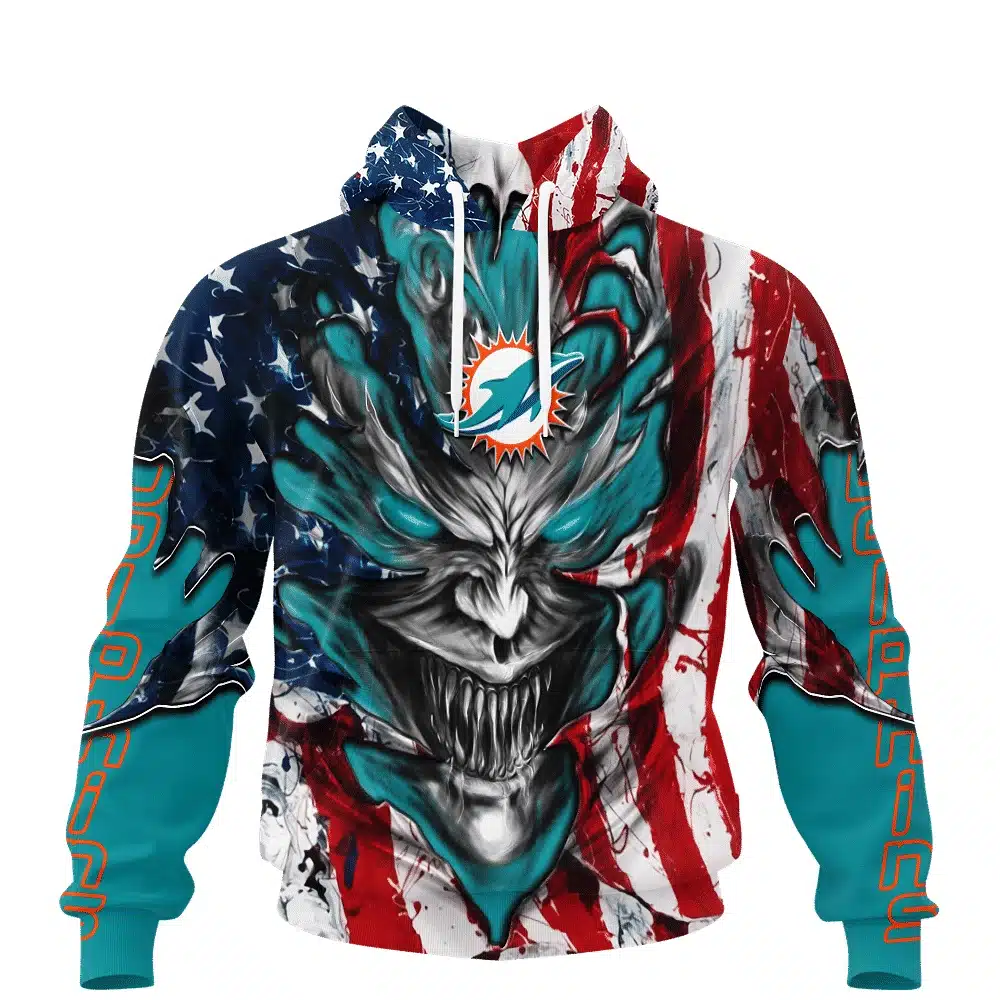 MIAMI DOLPHINS DEMON FACE AMERICAN FLAG-3D UNISEX HOODIE