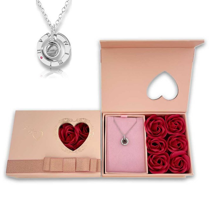 Half Dozen Mini Roses Jewelry Box with Love Necklace Set