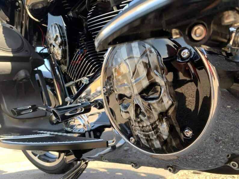Harley Davidson 3D Skull With Ghosted Tattered American Flag On A Harley-Davidson Derby And Points Cover