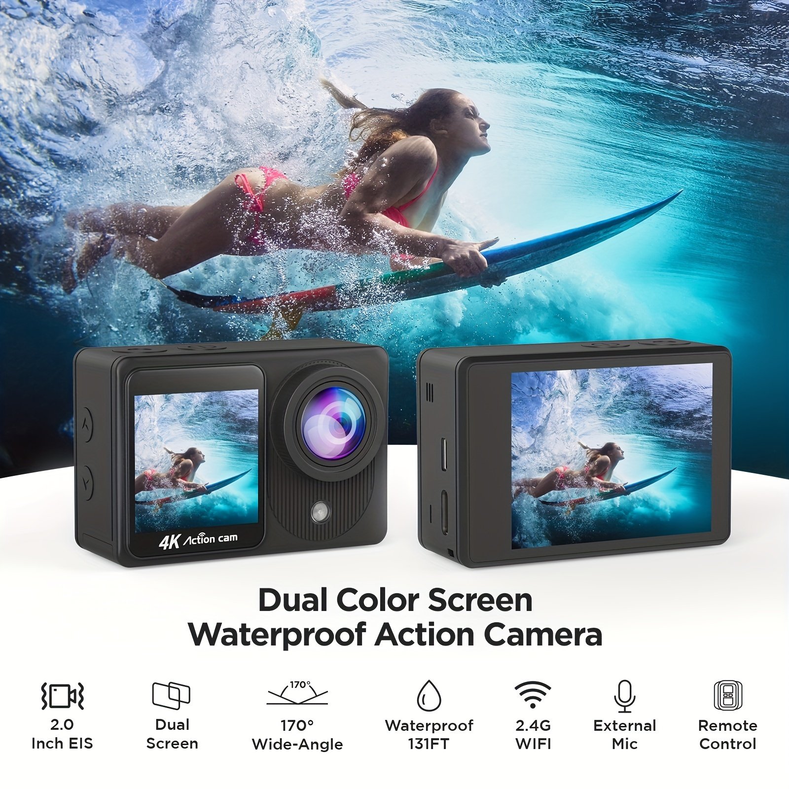 Yolansin 4K Action Camera Touch Screen - Dual Screen Ultra HD EIS WiFi Sports Camera, 1574.8inchUnderwater Camera 170° Wide Angle Video Camera 20MP Waterproof Helmet Camera With Remote Control And 2 Batteries