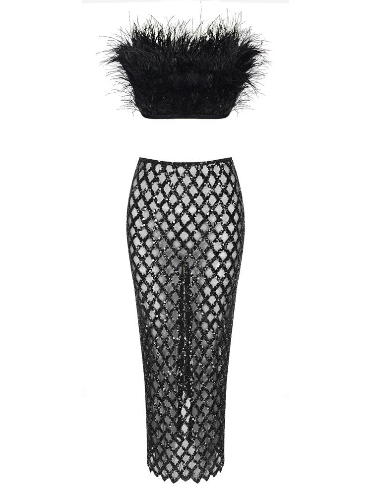 Ansley Strapless Feather Mesh Skirt Set In Black