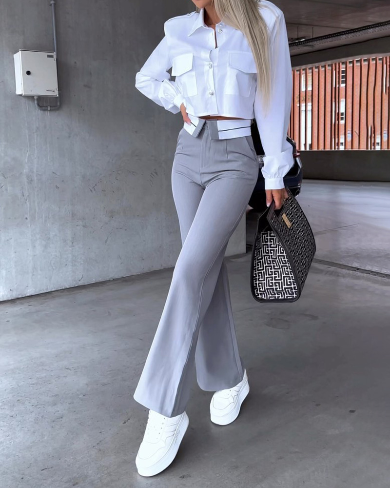 Lapel Long Sleeve Top and Pants Two-Piece Suit