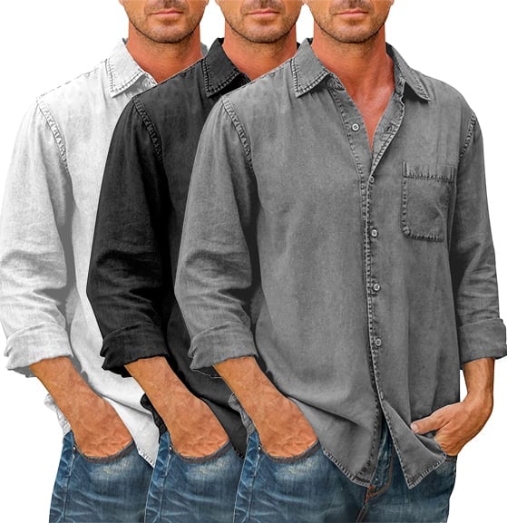 🔥🔥Mens Denim Long Sleeve Button Down Shirt