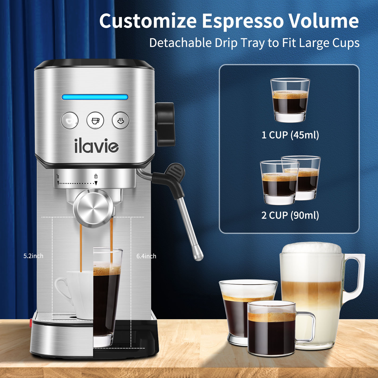 ILAVIE Espresso Coffee Machine 20 Bar Stainless Steel Coffee Maker with Frother 36 oz