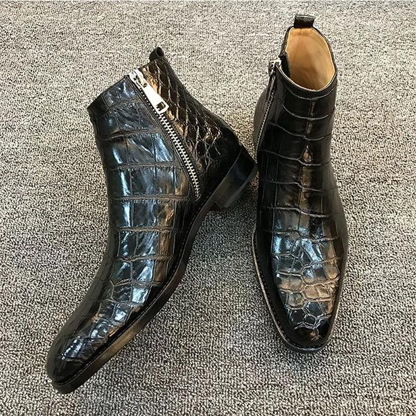 Chicinskates Men's Square Toe Low Heel Stone Pattern Boots
