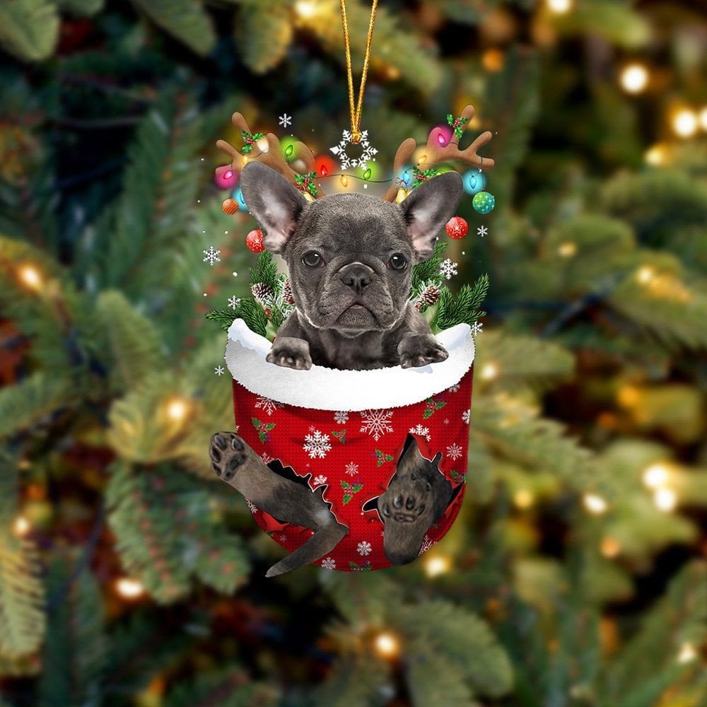 Grey French Bulldog In Snow Pocket Ornament