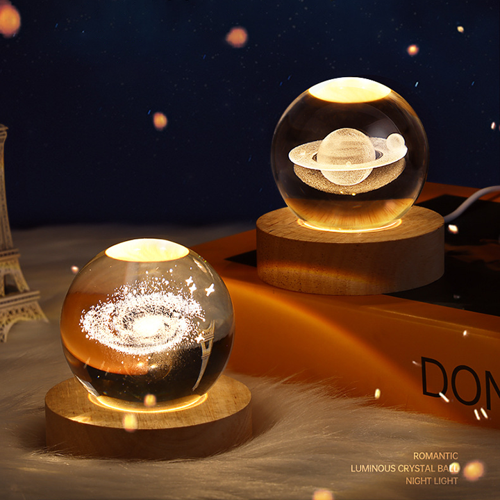 3D Crystal Ball Night Light - Laser Carved Holographic Galaxy Planet Model Projection LED Lamp