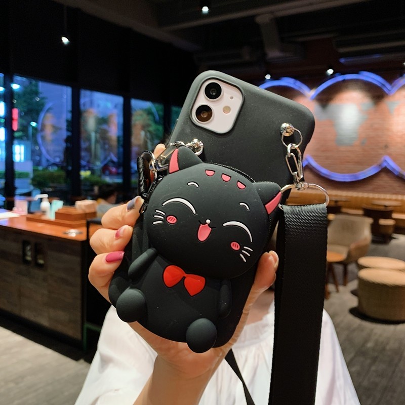 Cartoon Lucky Cat Silicone Zipper Storage Case Cover for iPhone