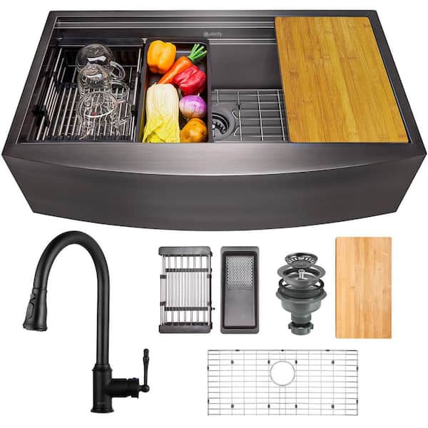 AKDY All-in-One Matte Black Finished Stainless Steel 33 in. 22 in. Single Bowl Drop-in Kitchen Sink