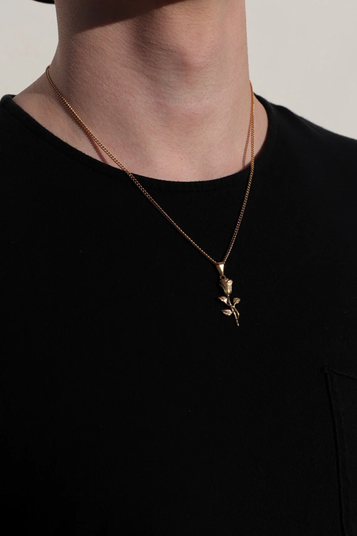 18k Gold Rose Pendant Chain Mens Rose Necklace