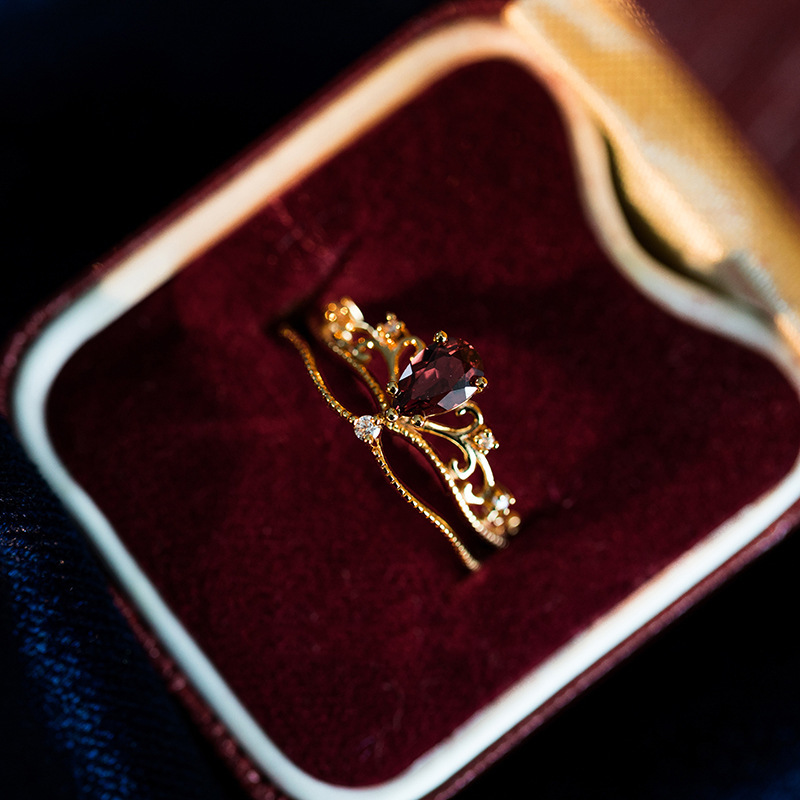 Natural Red Garnet Ring Set- 14K Gold Vermeil Vintage Ring