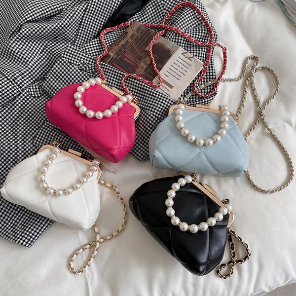Chicinskates Pure Color Soft Surface Lock Pearl Chain Bag