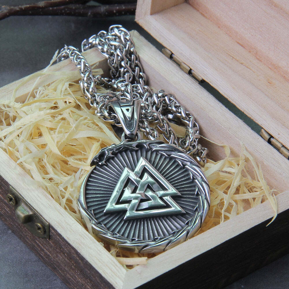 Stainless Steel Viking Ouroboros Amulet Dragon Necklace With Vikings Wooden Box