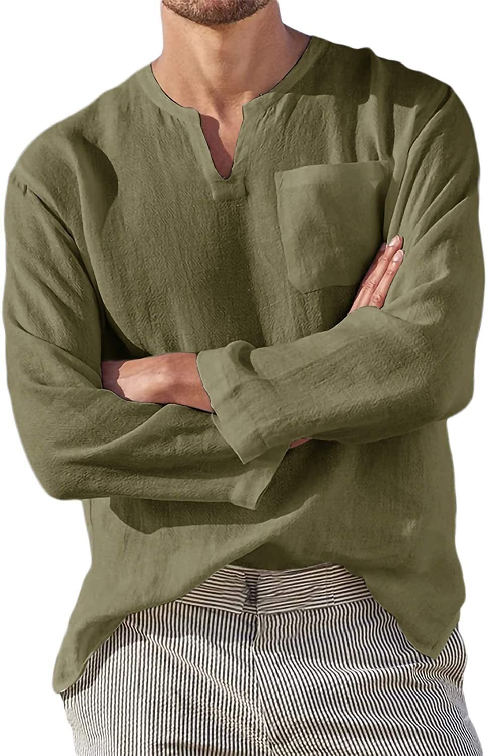 Men's casual long sleeve V-neck solid color loose vacation beach Linen Shirt