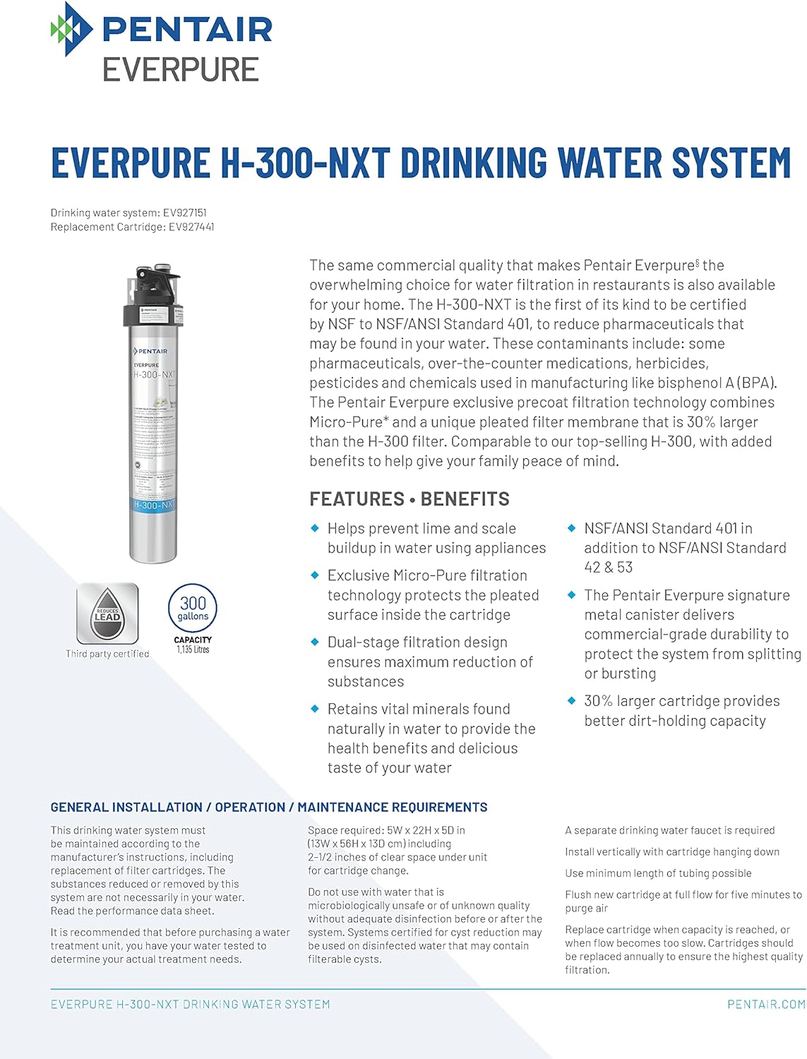 Pentair Everpure Quick-Change Filter Cartridge For Use in Everpure Drinking Water Systems