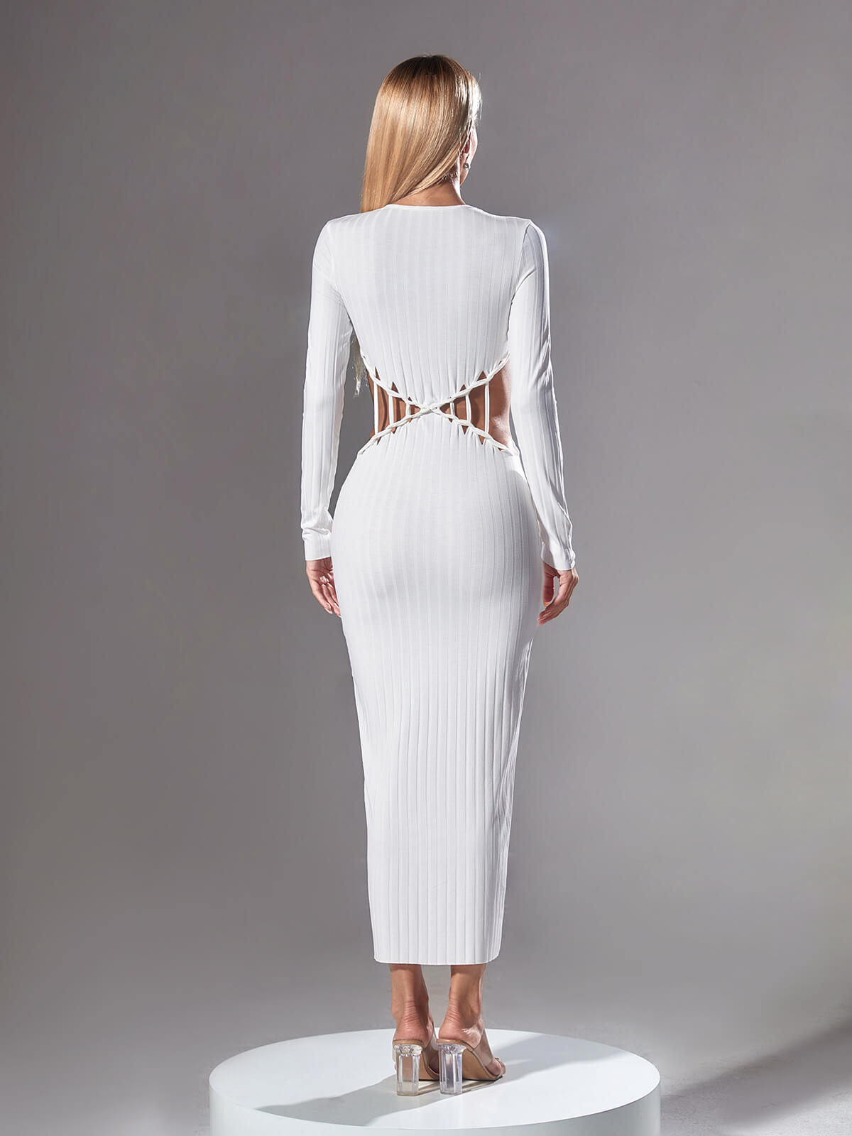 Luxury Long Sleeve Cutout Midi Dress In White