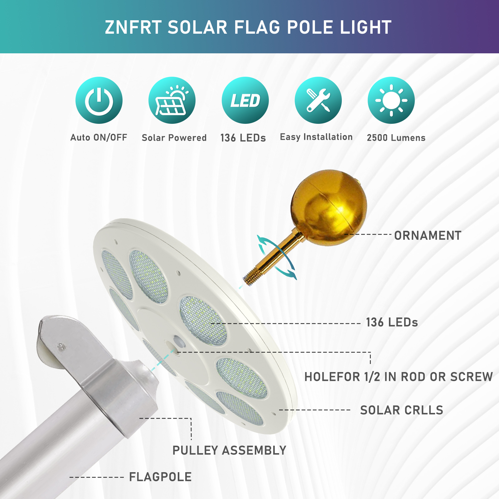 Solar Flag Pole Light, 136 LEDs Flagpole Light Solar Powered, 2500 Lumens Flap Pole Lights for 15-30FT Outside, Auto On/Off Energy Saving Dusk to Dawn, IP67 Waterproof