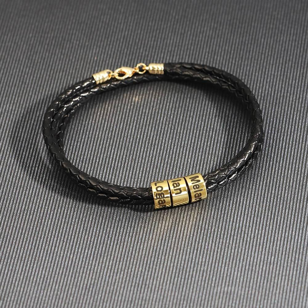 Men Braided Leather Bracelet with Small Custom Beads