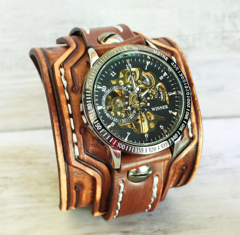Leather Cuff Watch With Steampunk Watch