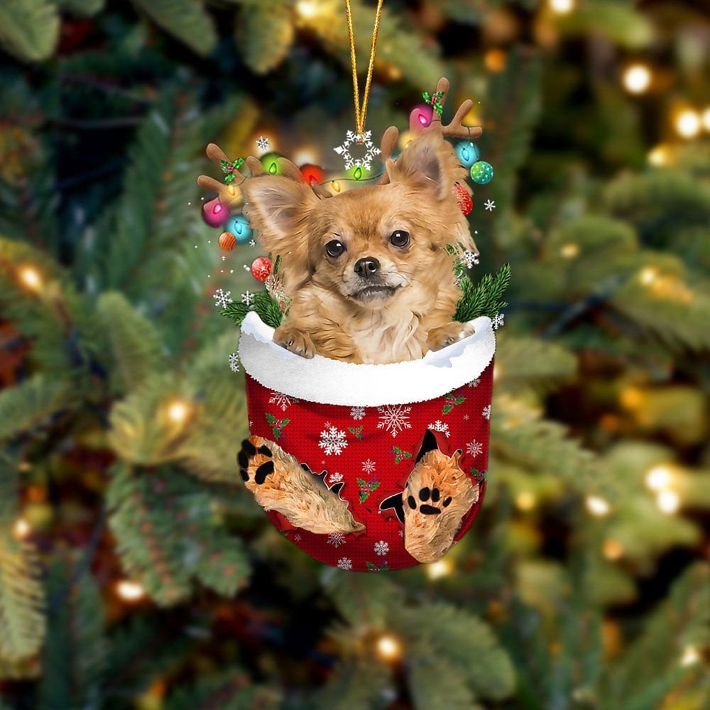 Long haired Tan Chihuahua In Snow Pocket Ornament