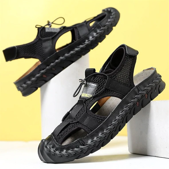 2022 Men's Designer Handmade Closed Toe Mesh Splicing Outdoor Microfiber Leather Sandals