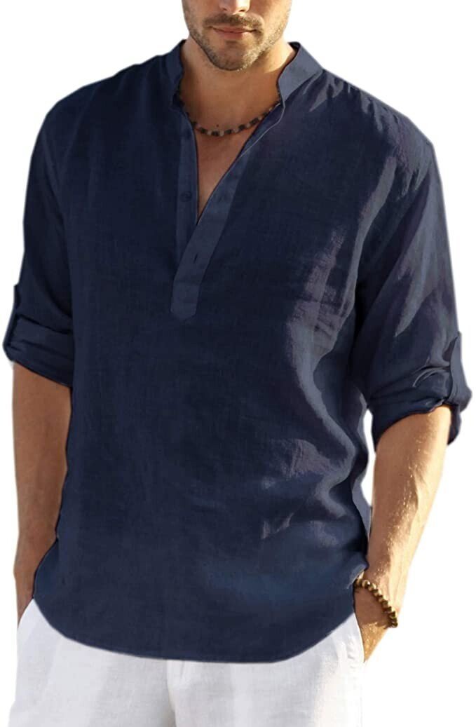2022 Men's Cotton Linen Henley Shirt Long Sleeve Hippie Casual Beach T Shirts - Buy 2 free shipping