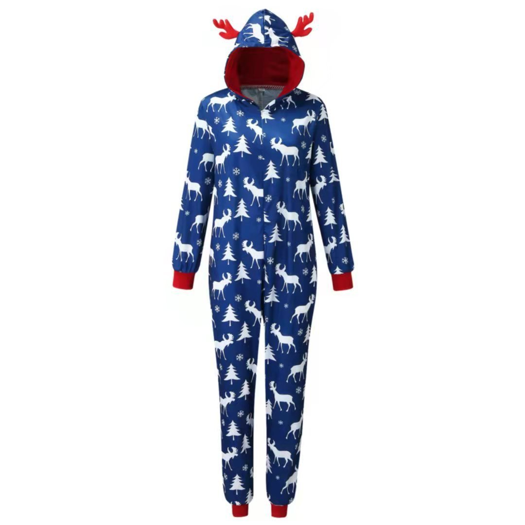 Reindeer Blue Christmas Parent-child Hooded One-piece Pajamas