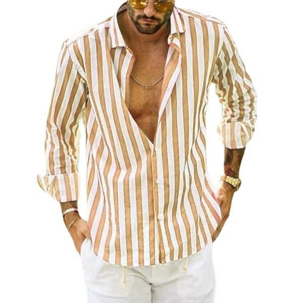 Spring summer men's cotton linen striped button shirt