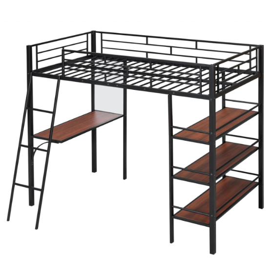 DNYN Twin Size Loft Bed with Desk & 3 Storage Shelves & Whiteboard Design