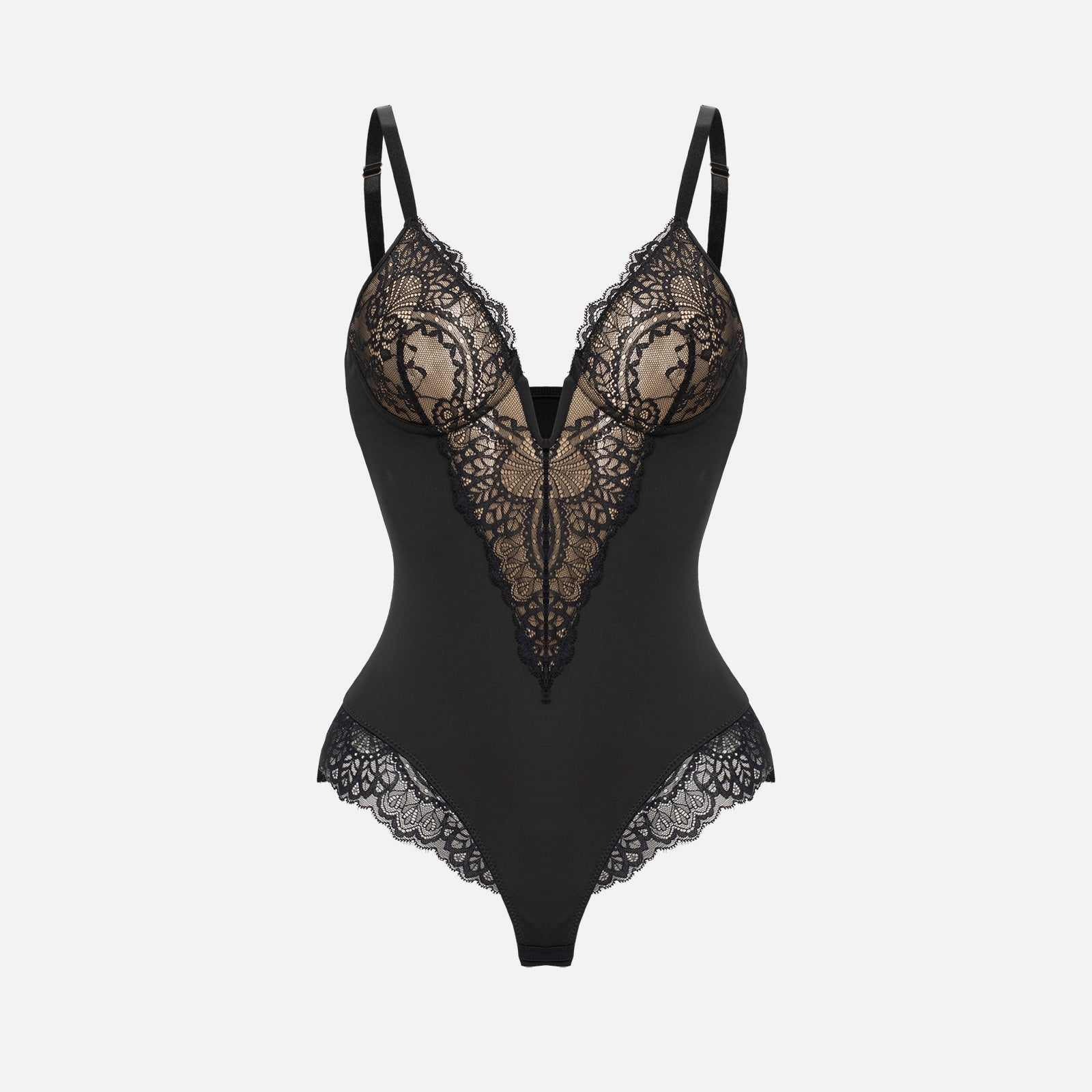 Deep-V Neck Lace Thong Bodysuit