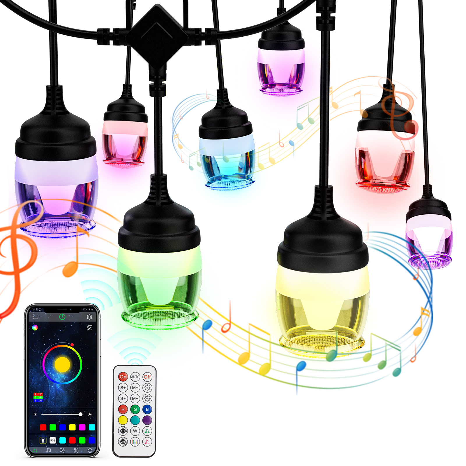 Outdoor String Lights 43Ft LED Color Changing String Lights Outdoor,Waterproof Party Lights with APP Control,Sync to Music,14 Hanging Dimmable RGB Outdoor String Lights Backyard Cafe Porch