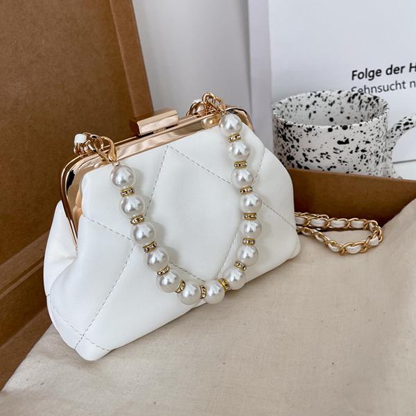 Chicinskates Pure Color Soft Surface Lock Pearl Chain Bag