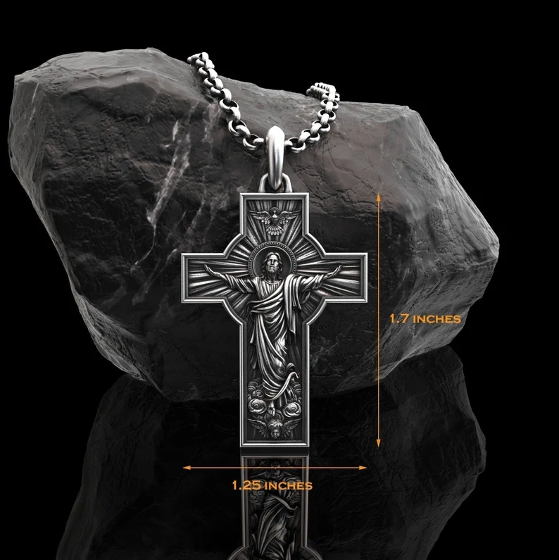 Ascension Cross Silver Necklace, Cross Silver Ascension of Christ Jesus Pendant, Christian Crucifix Necklace, Religious Jesus Crucifix Gift