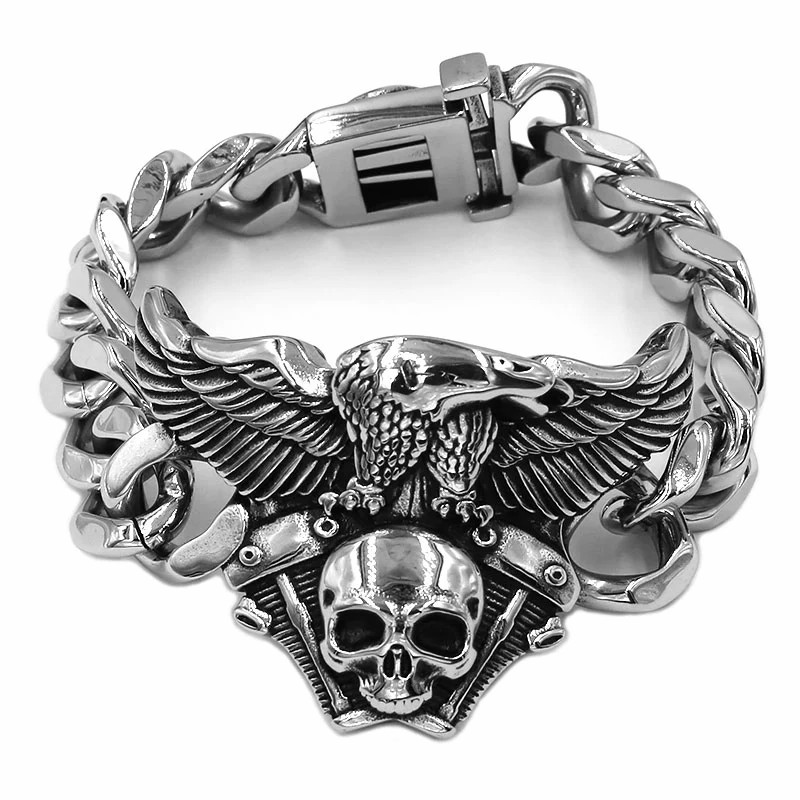 Stainless Steel Skull Engine Eagle Link Biker Bracelet